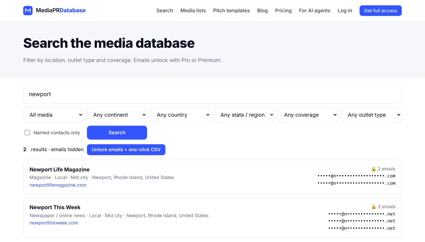 MediaPR Database free search for Newport showing Newport Life Magazine and Newport This Week with masked emails