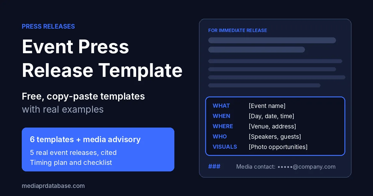 Event press release template: free copy-paste templates with real examples, showing a release with a what, when, where, who and visuals block