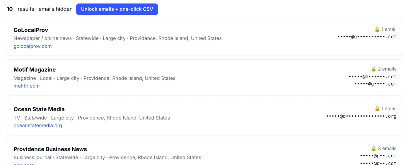 MediaPR Database search results for Providence, Rhode Island with outlet types and hidden journalist emails