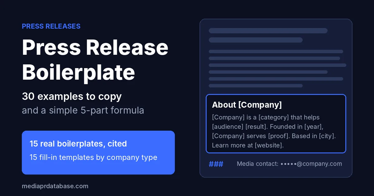 Press release boilerplate: 30 examples to copy and a simple 5-part formula, with an About Company section shown at the end of a press release
